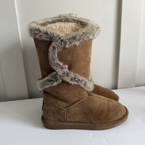 Bearpaw Sheilah Tall Boots Women's 8 Tan Suede Faux Fur Sherpa Southwest Boho‎